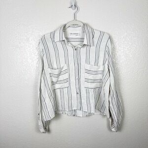 Self Contrast White Navy Stripe Button Up Top Long Sleeve Size Small